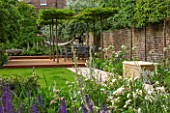 PRIVATE GARDEN LONDON DESIGNED BY LUCY WILLCOX AND ANA SANCHEZ MARTIN: TOWN GARDEN WITH LAWN, PATHS, STATUE,WALLS, PERGOLA, BORDERS, SEAT - JUNE, SUMMER, FORMAL, TABLE, CHAIRS