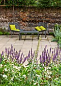 PRIVATE GARDEN LONDON DESIGNED BY LUCY WILLCOX AND ANA SANCHEZ MARTIN:PATIO WITH SALVIA, METAL CHAIRS WITH LIME GREEN CUSHIONS, WALL, PLEACHED HORNBEAM, SUMMER, FORMAL, TOWN
