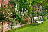 GLYNDEBOURNE, EAST SUSSEX: THE DOUBLE HERBACEOUS BORDERS WITH WHITE FOXTAIL LILIES - EREMERUS, SALVIAS, PINK ROSES - WALL, BRICK, BORDER, SUMMER, BENCH, WOODEN, LAWN
