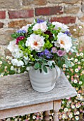 THE REAL FLOWER COMPANY: FLORAL ARRANGEMENT. WHITE PORCELAIN JUG WITH ROSA MARGARET MERRILL AND WILDFLOWER MIX OF ALCHEMILLA,ASTRANTIA,SENECCIO AND MINT.FRAGRANT,SUMMER,VINTAGE.