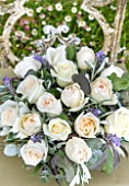 THE REAL FLOWER COMPANY:A MIXED POSY/ARRANGEMENT OF ROSES - CREAM PIAGET,WHITE OHARA AND VITALITY. WITH LAVENDER SPRIGS. BOUQUET,PURE,DELICATE,SHABBY CHIC,VINTAGE,PRETTY.