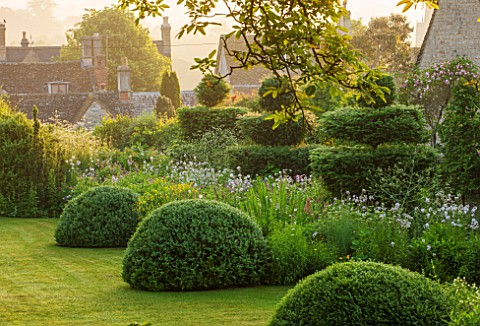 GREYHOUNDS_BURFORD_OXFORDSHIRE_DAWN_LIGHT_ON_COTTAGE_STYLE_BORDER_WITH_YEW_TOPIARY_AND_BOX_DOMES_SUM
