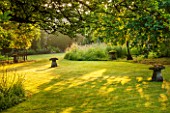 GREYHOUNDS, BURFORD, OXFORDSHIRE: DAWN LIGHT FILTERS THROUGH THE TREES IN THE ORCHARD. WALNUT AND MULBERRY TREES. WITH STADDLE STONES. PEACE, SERENITY, RELAXING, SUMMER.