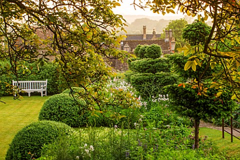 GREYHOUNDS_BURFORD_OXFORDSHIRE_VIEW_ONTO_CLASSIC_COUNTRY_GARDEN_WITH_BOX_DOMES_AND_YEW_TOPIARY_BORDE