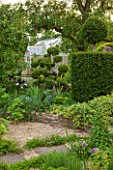 OXLEAZE FARM, OXFORDSHIRE: VIEW TO GREEHOUSE WITH YEW COLUMN AND CLOUD PRUNED BOX TOPIARY. EVERGREEN, SHAPES, SHAPED, GARDEN, SUMMER, CLIPPED