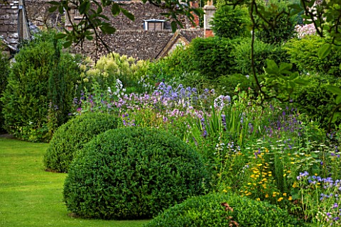 GREYHOUNDS_BURFORD_OXFORDSHIRECOUNTRY_COTTAGE_BORDER_WITH_HERBACOUS_PERENNIALS_INCLUDING_CAMPANULA_L