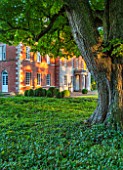 MORTON HALL GARDENS, WORCESTERSHIRE: THE FRONT OF THE HALL - BOX TOPIARY SHAPES - DAWN LIGHT, MORNING, ENGLISH, GARDEN, CLASSIC, TOPIARY, SUMMER, CHESTNUT TREE, GREEN