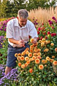 ASTON POTTERY, OXFORDSHIRE: OWNER STEPHEN BAUGHAN CUTTING DAHLIA FLOWERS IN HIS GARDEN