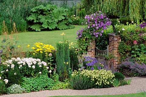 CLEMATIS_PERLE_DAZUR_COVERS_GARDEN_GATE_IN_BORDER_WITH_PHLOXWHITE_ADMIRALACHILLEA_GOLD_PLATEVALE_END