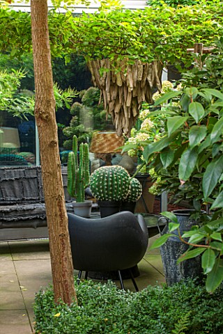 ABIGAIL_AHERN_HOUSE_LONDON_TOWN_GARDEN__OUTDOOR_PATIO_AREA__WOODEN_LIGHT_HANGING_DOWN_BLACK_BENCH_FA