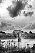 ROYAL BOTANIC GARDENS, KEW: BLACK AND WHITE IMAGE OF FOUNTAIN, LAKE AND VICTORIAN PALM HOUSE IN AUTUMN - AFTERNOON LIGHT, IRON, GLASS, WATER, ORNAMENT