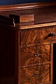MORTON HALL, WORCESTERSHIRE: DETAIL OF WRITING DESK IN BEDROOM CA. 1870, WALNUT. ANTIQUE, COLLECTABLE.