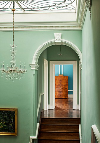 MORTON_HALL_WORCESTERSHIREMINT_GREEN_PAINTED_STAIRWELL_WITH_ART_NOUVEAU_SKYLIGHT__CHANDELIER_IN_BOHE