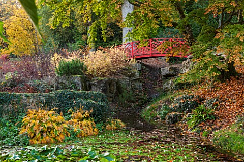 BATSFORD_ARBORETUM_GLOUCESTERSHIRE_AUTUMN_OCTOBER_FALL_POND_POOL_WITH_RED_CHINESE_BRIDGE_WATERLILIES