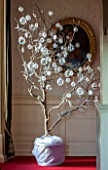 BURTON AGNES HALL, EAST YORKSHIRE: CHRISTMAS - THE MUSIC GALLERY - A SYCAMORE BRANCH DECORATED WITH FROSTED BAUBLES AND CROCHET WORK DECORATIONS