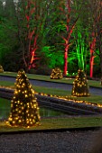 BLENHEIM PALACE, OXFORDSHIRE, WINTER, CHRISTMAS. WATER TERRACE WITH CHRISTMAS TREES LIT UP AT NIGHT. FAIRY LIGHTS, WINTER, DECORATION, DECORATIVE, ILLUMINATIONS