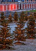 VAUX LE VICOMTE, FRANCE: THE ENTRANCE TO THE PALACE AT CHRISTMAS DECORATED WITH CHRISTMAS TREES. TREE, LIGHT, LIGHTING, ILLUMINATION, WINTER