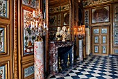 VAUX LE VICOMTE, FRANCE: THE DINING ROOM DECORATED FOR CHRISTMAS. THE MARBLE FIREPLACE, MIRROR, BUST OF LE BRUN, PAINTER TO THE KING