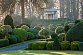 BRODSWORTH HALL, YORKSHIRE: DAWN. WINTER, JANUARY, TOPIARY EVERGREEN, BORDER, FORMAL, GARDEN, COUNTRY, CLIPPED, HEDGE, HEDGES, HEDGING, STATUE, ITALIANATE SUMMERHOUSE