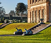 BRODSWORTH HALL, YORKSHIRE: DAWN. WINTER, JANUARY, VIEW ACROSS LAWN TO STEPS AND STATUES WITH HALL BEHIND. URNS, STONE, ORNAMENT