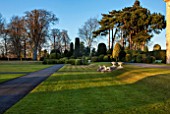 BRODSWORTH HALL, YORKSHIRE: VIEW ACROSS LAWN TO BORDER OF TOPIARY. VICTORIAN, COUNTRY, GARDEN, FORMAL