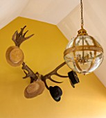 THE FREETH, HEREFORDSHIRE: HALLWAY - PRINT ROOM YELLOW FROM FARROW AND BALL PAINTED WALLS, ANTLER HAT RACK, GILT AND GLASS ORB LANTERN