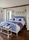 THE FREETH, HEREFORDSHIRE: LILAC BEDROOM - BED, CUSHIONS, BUTTERFLY PRINTS, THROW, PRESENTS, CHRISTMAS