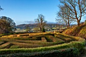 PAINSWICK ROCOCO GARDEN, GLOUCESTERSHIRE: VIEW ACROSS MAZE TO COUNTRYSIDE BEYOND. HEDGE, HEDGES, HEDGING, JANUARY, WINTER