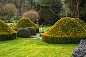 ABLINGTON MANOR, GLOUCESTERSHIRE: LAWN WITH CLIPPED TOPIARY YEW AROUND STONE SUNDIAL - CLASSIC COUNTRY GARDEN, SUMMER, MARCH, FOCAL POINT