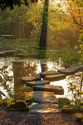 MORTON_HALL_GARDENS_WORCESTERSHIRE_THE_STROLL_GARDEN_STEPPING_STONES_POOL_POND_SPRING_MORNING_LIGHT_