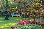 PASHLEY MANOR GARDEN, EAST SUSSEX. SPRING, BORDER, TULIPS - TULIPA ILE DE FRANCE. BULBS, COUNTRY, ORANGE, RED, FLOWERS, FAMILY CIRCLE SCULPTURE BY JOHN BROWN, WOODEN, BENCH