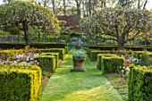PASHLEY MANOR GARDEN, EAST SUSSEX. SPRING - THE WALLED GARDEN - PATH, BOX HEDGING, BLOSSOM TREES, TULIP ANGELIQUE. TERRACOTTA CONTAINER, HEDGE, HEDGES, APRIL