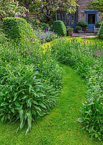 BUTTER_WAKEFIELD_HOUSE_LONDON_VIEW_TO_BACK_OF_HOUSE_WITH_LAWN_WILDFLOWER_MEADOW_CLIPPED_TOPIARY_BOX_
