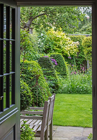 BUTTER_WAKEFIELD_HOUSE_LONDON_VIEW_OUT_OF_KITCHEN_DOORWAY_TO_GARDEN_WITH_CLIPPED_TOPIARY_BOX_PYRAMID