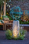 DAVID HARBER SUNDIALS:CHELSEA 2017.BRONZE ARMILLERY SPHERE AND MANTLE SCULPTURE IN SEATING AREA.RELAX,CONTEMPORARY,MODERN,NIGHT,EVENING,LIGHTING,RELAX,ART,CRAFT