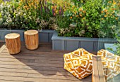 CHELSEA FLOWER SHOW 2017: CITY LIVING GARDEN DESIGNED BY KATE GOULD. MODERN, CONTEMPORARY, ORANGE, SEAT, SEATING, DECK, DECKING, CUSHIONS, RELAXING, RAISED BEDS, ROOF