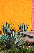CHELSEA FLOWER SHOW 2017: BENEATH A MEXICAN SKY DESIGNED BY MANOJ MALDE. LUIS BARRAGAN, YELLOW,  PINK, WALL, MEXICO, MODERN, MEDITERRANEAN, AGAVE, EXOTIC, WATER, POOL, DECKING