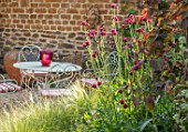 THE CONIFERS, OXFORDSHIRE: DESIGNER CLIVE NICHOLS - SMALL COURTYARD GARDEN - TABLE, CHAIRS, STIPA TENUISSIMA, WALL, CIRSIUM RIVULARE ATROPURPUREUM, CERCIS CANADENSIS RUBY FALLS