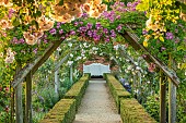 MOTTISFONT ABBEY, HAMPSHIRE: WOODEN PERGOLA, PATHS, WHITE WOODEN BENCH, ROSES, VISTA, FORMAL, COUNTRY, GARDEN, SUMMER