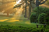 MORTON HALL, WORCESTERSHIRE: DAWN LIGHT ON THE PARKLAND WITH WOODEN SEAT, BNECH. ENGLISH, COUNTRY, GARDEN, CLASSIC, LANDSCAPE