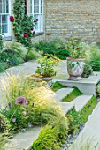 THE OLD RECTORY, QUINTON, NORTHAMPTONSHIRE: DESIGNER ANOUSHKA FEILER: SUNKEN PATIO, STIPA LESSINGIANA, STEPS WITH MIND YOUR OWN BUSINESS, TERRACOTTA CONTAINERS, ROSA DARCEY BUSSELL