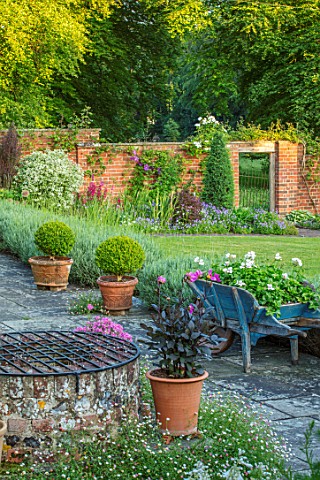 COTTAGE_ROW_DORSET_STONE_TERRACE_AND_WELL_WITH_WALL_GATE_TERRACOTTA_CONTAINERS_PLANTED_WITH_BOX_BALL