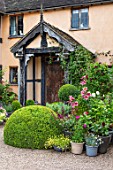 WOLLERTON OLD HALL, SHROPSHIRE: PINK PAINTED HOUSE, HALL FRONT, GRAVEL, DRIVE, CONTAINERS, LILIES, CLIPPED, TOPIARY, BOX, HALF, BARREL, FRONT DOOR, ENTRANCE. POTS, ARTS, &, CRAFTS