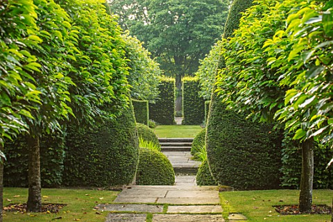 WOLLERTON_OLD_HALL_SHROPSHIRE_VIEW_DOWN_LENGTH_OF_GARDEN_PASTYORK_STONE_PATH_CLIPPED_PORTUGUESE_LAUR