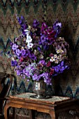 PARHAM, SUSSEX: WEST ROOM - SILVER CONTAINER WITH DELPHINIUM BRUCE, GLADIOLI VELVET EYES AND HOME COMING, ALSTROEMERIA, PHLOX