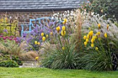 PETTIFERS, OXFORDSHIRE: BLUE WOODEN BENCH, SEAT, BORDER WITH KNIPHOFIA SUNNINGDALE YELLOW, JAPANESE ANEMONES, ASTERS. PERENNIALS, LATE SUMMER, FALL, AUTUMN