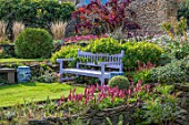 PETTIFERS, OXFORDSHIRE: LAWN, PURPLE, WOODEN, BENCH, SEAT, COTINUS, BORDERS, FALL, AUTUMN, LATE, SUMMER, PATH, ENGLISH, COUNTRY, GARDEN