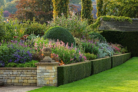 BOURTON_HOUSE_GARDEN_GLOUCESTERSHIRE_LAWN_WALL_HEDGES_RAISED_BED_PENSTEMONS_BORDER_HERBACEOUS_FORMAL