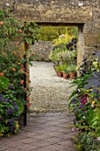 BOURTON HOUSE GARDEN, GLOUCESTERSHIRE: POTTED EXOTIC PLANTS IN CONTAINERS BESIDE WALL, PATH, LATE, SUMMER, AUTUMN, SEPTEMBER, DOORWAY, RICINUS, ABUTILON, HELIOTROPE, LANTANA