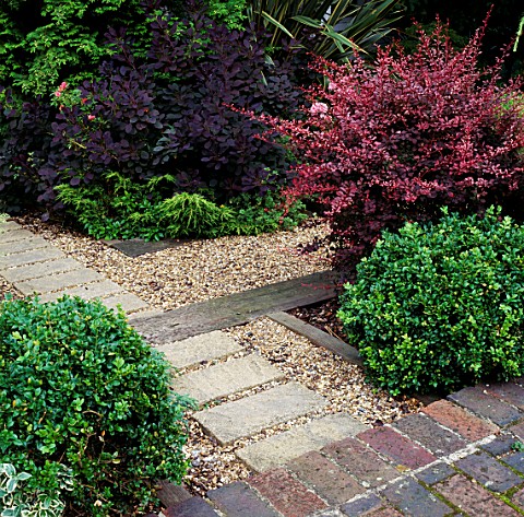 TOWN_GARDEN_WITH_PATH_OF_RAILWAY_SLEEPERS_AND_GRAVEL_SURROUNDED_BY_SHRUBS_DESIGNER_JILL_BILLINGTON
